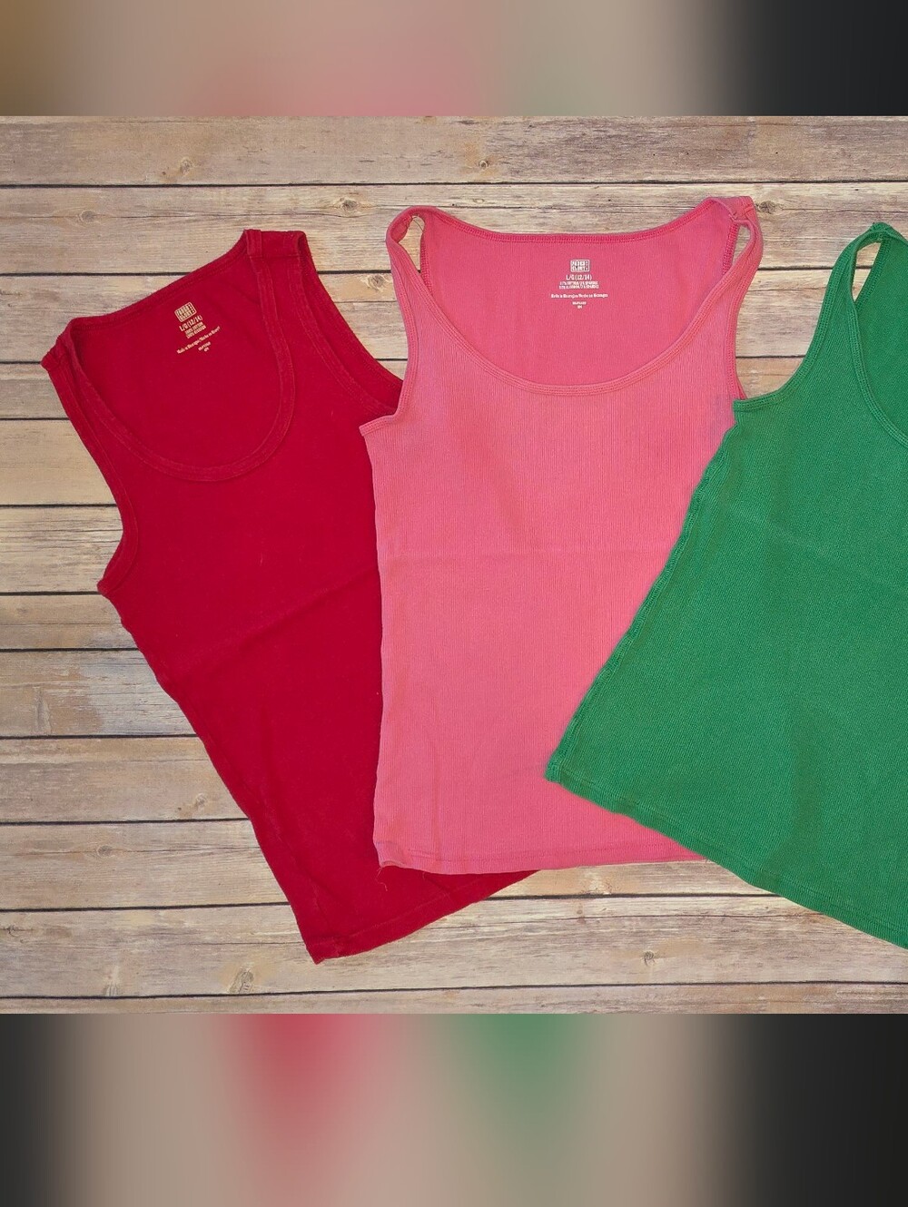 3 Women’s Ribbed Tank Tops - Green, Pink, Red